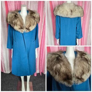 ILGWU Vintage Exquisite Blue Wool Fox Fur Collar Swing Coat Size Large-XL
